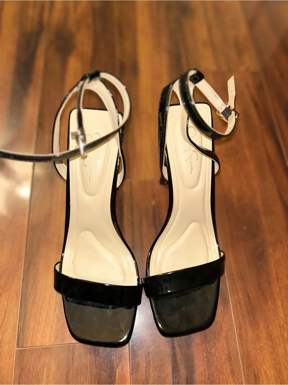 Jessica Black Patent Ankle-Strap Heels